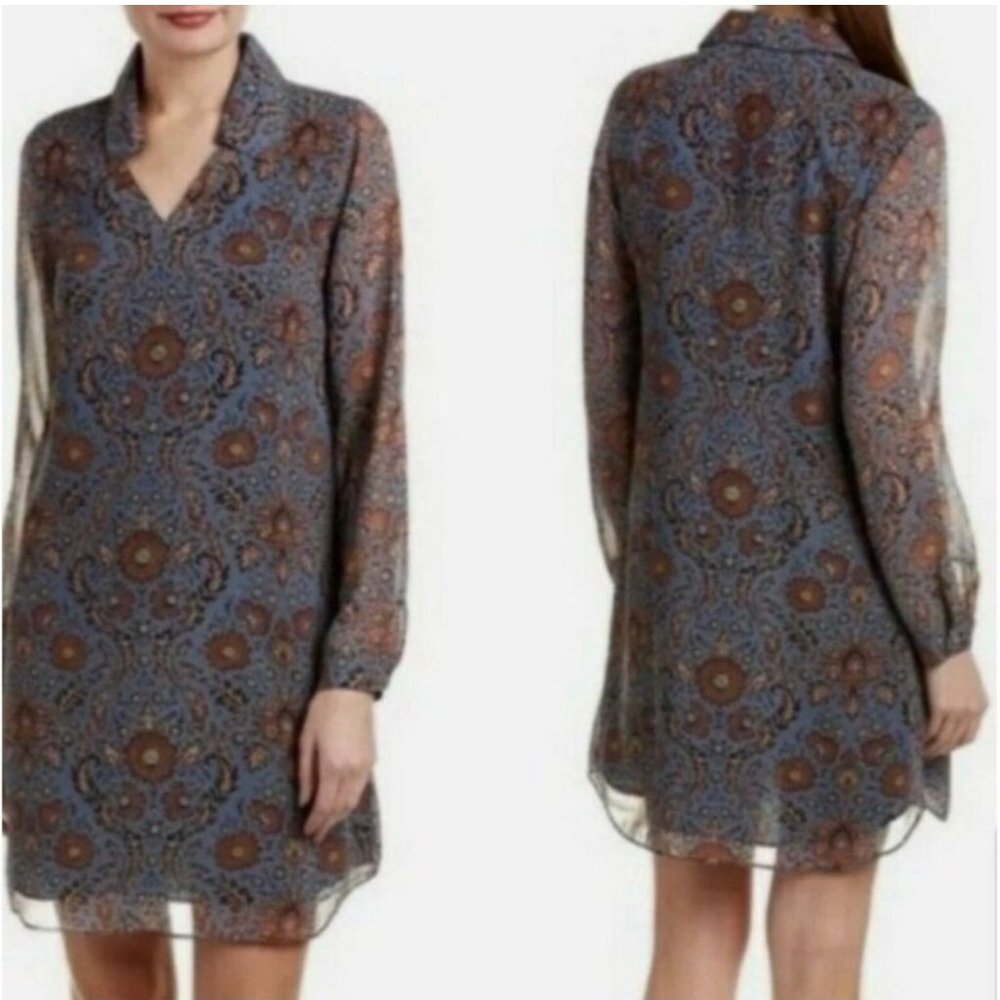 Cabi provincial Tunic Floral Long Sleeve Midi Dress Blue/Red/Tan Size Small